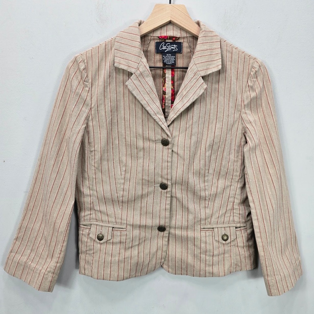 Vintage Y2K Blazer Jacket M Tan Striped Stretch Safari Herringbone Cropped